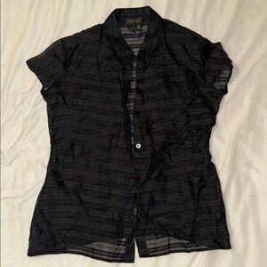 Women’s Black Striped Short Sleeve Vintage 90’s Sheer Button-Up See through Silk